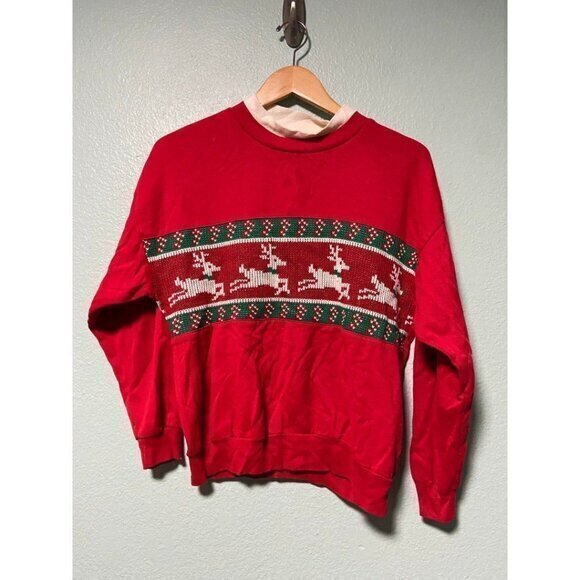 Vintage Knitted‎ Women's Red and Green Reindeer Sweater - Picture 1 of 6